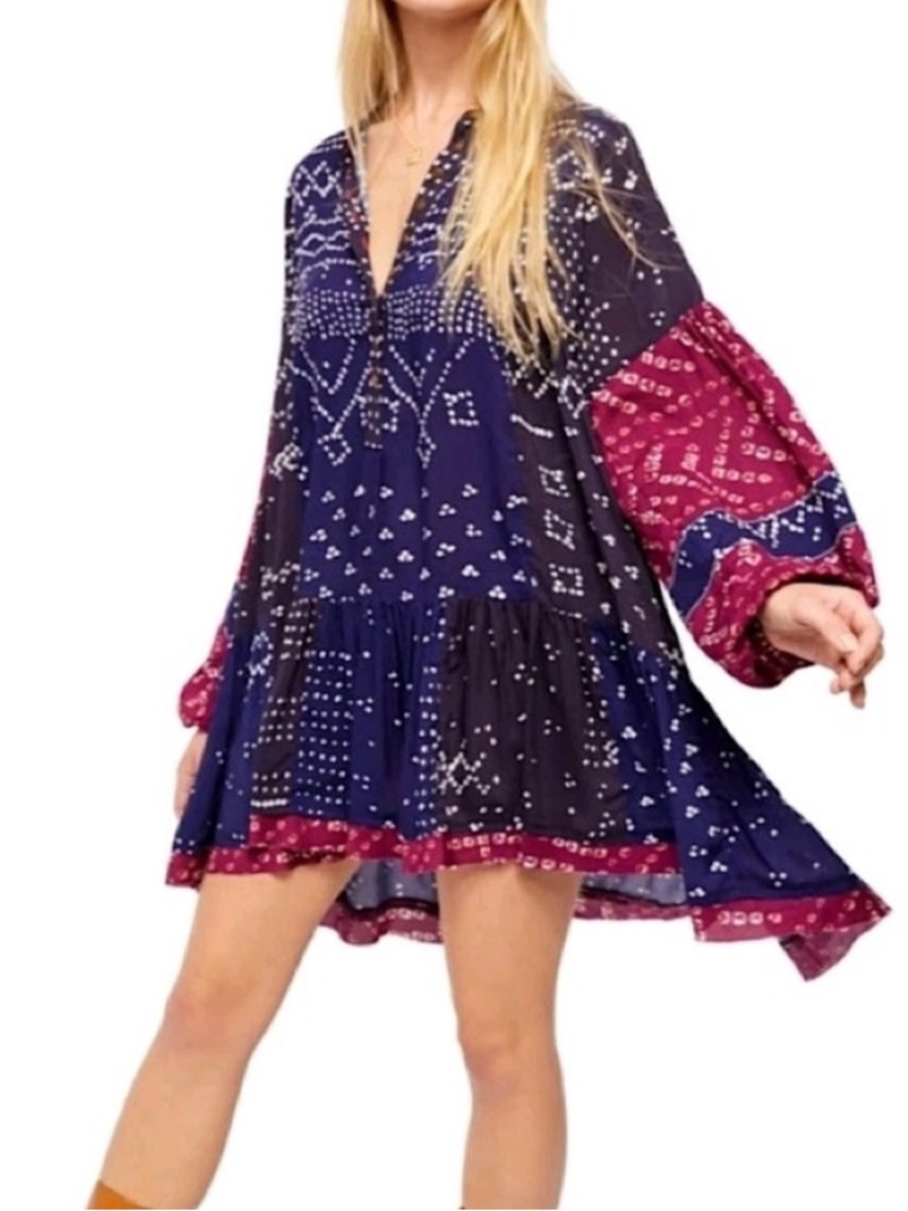 Free People Boho Shibory Tunic Shirtdress Indigo Combo XS